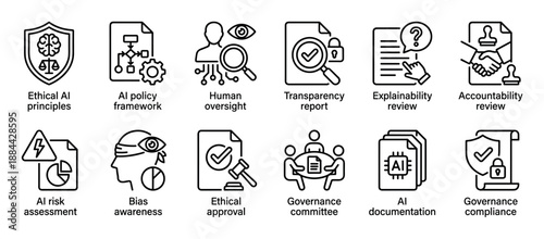 Set of twelve ethical AI governance line icons representing principles, policy framework, human oversight, transparency, explainability, accountability, risk, bias, and compliance