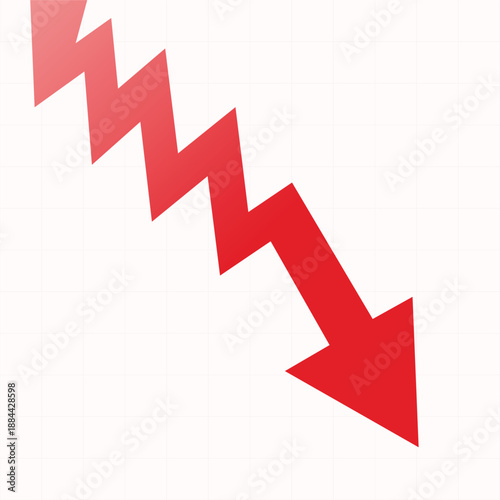 Jagged red zigzag arrow pointing steep down on graph paper background illustrating volatile financial market decline, inflation, and unstable business trends