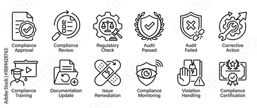 Set of twelve business compliance and regulatory line icons representing approval, review, audit passed or failed, corrective action, training, and documentation in a clean outline style