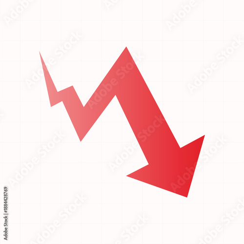 Sudden sharp red falling arrow icon on grid background depicting sudden stock market crash, economic failure, and dramatic negative value drop
