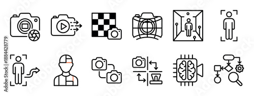 Collection of black line icons representing computer vision, AI, and photography technology, including facial recognition, 3D scanning, and algorithm processing symbols