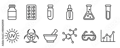 Set of black outline icons for science and medicine, featuring a test tube, flask, pills, molecule, biohazard symbol, safety goggles, and other laboratory research elements