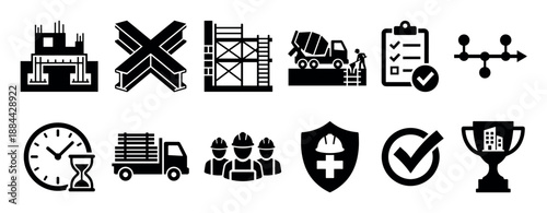 Black construction and engineering icon set featuring foundation, steel beams, scaffolding, workers, safety shield, and project management symbols like a checklist and timeline