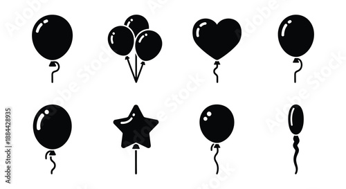 Collection of black silhouette balloons in various shapes and sizes