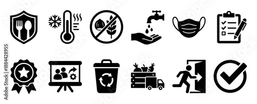 Collection of black glyph icons representing food safety standards, hygiene practices, quality control, and restaurant regulations for safe handling and delivery