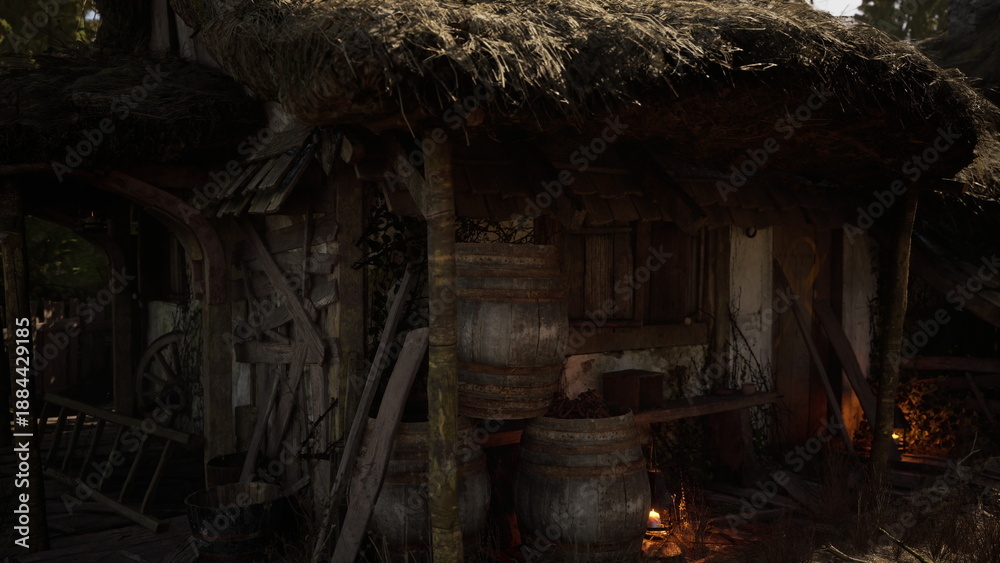 Fototapeta premium Thatched cottage interior lit by firelight, old cooper workshop with barrels, wooden beams, tools, ember glow, flickering lantern, smokelaced air, mossy