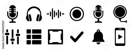 Collection of black solid glyph icons for audio recording, podcasting, and user interface design, featuring a microphone, headphones, sound wave, mixer, and play button symbols