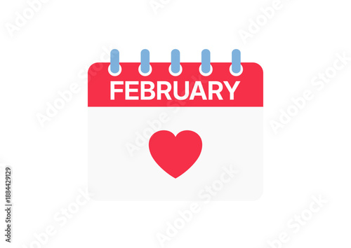 Flat calendar illustration with the month of February and a heart icon, representing love, romance, and Valentine season.