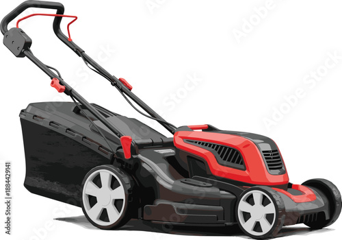 Modern electric lawn mower with grass collection bag, realistic gardening equipment illustration isolated on white background for lawn care, landscaping, and home maintenance