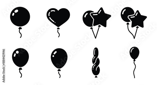 Collection of black silhouette balloons in various shapes and sizes