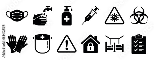 Set of black solid glyph icons representing pandemic prevention measures like face masks, hand washing, vaccination, and quarantine for health and safety concepts