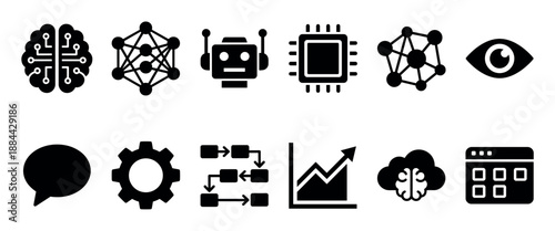 Set of black solid glyph icons for artificial intelligence, machine learning, and big data, featuring symbols like a robot, neural network, CPU, brain, and workflow chart