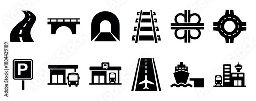 Collection of black transport icons showing a road, bridge, tunnel, railway, junction, roundabout, parking sign, bus and train stations, airport runway, and a shipping port