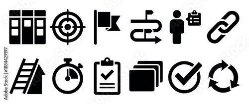 Collection of black solid glyph icons representing project management concepts like goals, strategy, workflow, and productivity for business presentations and user interface design
