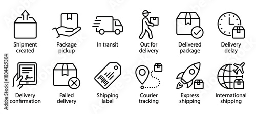 Shipping and delivery service line icon set illustrating parcel tracking, courier transit, express shipment, and logistics stages for e-commerce in a simple outline style