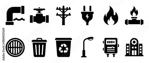 Set of black public utility icons representing municipal services like water, gas, electricity, and sanitation, designed in a simple, flat glyph style for infographics
