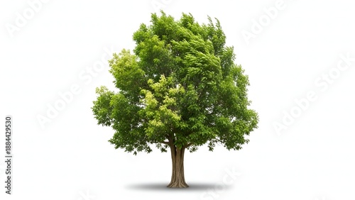 A beautiful green tree isolated on a white background with leaves rustling