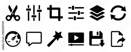 Set of black video editing icons for a user interface includes symbols for cut, crop, adjust, layers, refresh, save, and share, presented in a clean minimalist glyph style