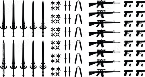 Mixed weapon silhouettes set with swords knives shuriken nunchaku rifles and pistols, black vector military and martial arts arsenal isolated on white background