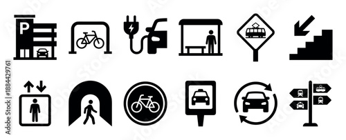 Set of black urban transportation icons representing public and private transit options like parking, EV charging, bus stops, bicycle lanes, taxis, and pedestrian navigation signs