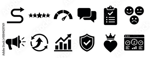 Black customer experience and feedback icon set representing journey, rating, performance, loyalty, and business analytics for user interface design