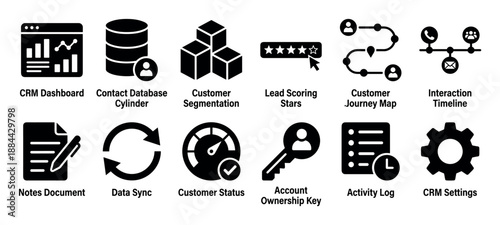 Set of black solid glyph icons for customer relationship management software, featuring dashboard, database, segmentation, lead scoring, journey map, and interaction timeline symbols