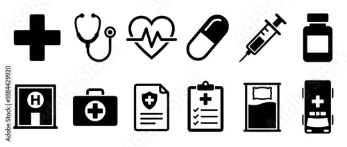 Set of twelve black medicine icons representing healthcare concepts like hospital, doctor, ambulance, first aid, and pharmacy in a minimalist glyph pictogram style