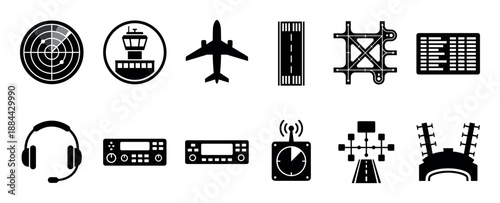 Set of black air traffic control and aviation silhouette icons featuring a radar, control tower, airplane, runway, departure board, headset, radio, and navigation symbols