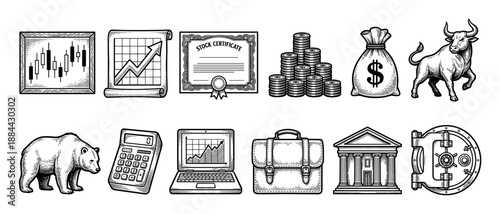 Set of twelve financial icons including a bull, bear, stock certificate, money bag, and bank vault illustrated in a detailed vintage black and white engraving style