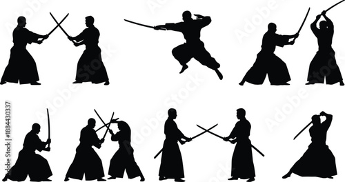 Samurai sword fighting silhouettes set showing kendo and katana combat poses, black vector warriors isolated on white background for martial arts, history and action design use