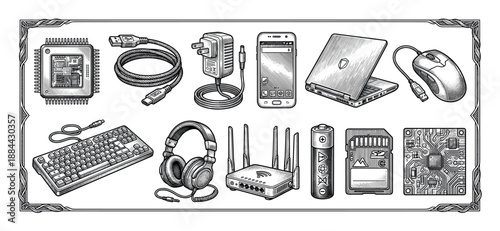 Collection of electronic devices and computer peripherals drawn in a detailed vintage engraving style, including a laptop, smartphone, microchip, router, and other digital accessories