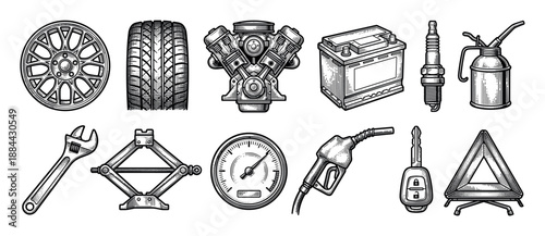 Car service and auto repair icons including a wheel, tire, engine, battery, spark plug, and wrench in a monochrome vintage hand-drawn engraving illustration style