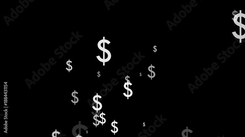 White Animated particles of American dollar currency scattered on black background.