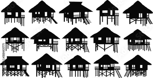 Set of traditional stilt house silhouettes with thatched roofs, tribal village architecture icons isolated on white background for cultural design, logos, and illustrations