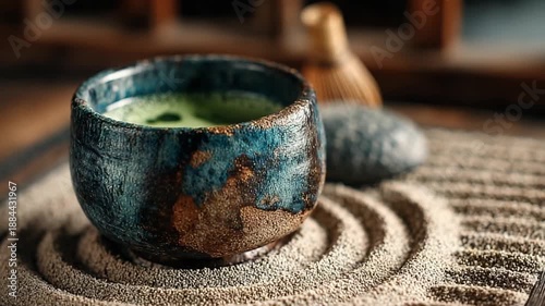 Traditional Matcha Tea Ceremony with Bowl and Sand
