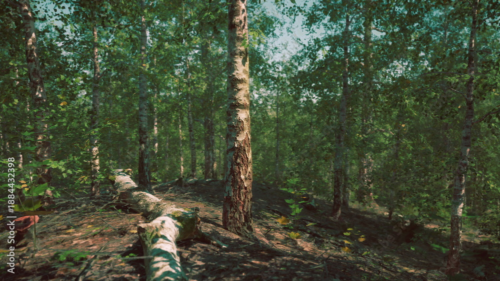 Obraz premium open birch woodland with fallen log across leafstrewn ground, sunlight filtering through canopy onto mossy bark and scattered branches, calm outdoor scene
