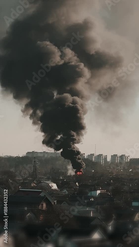 Thick black smoke rises into the sky from a burning building in the city after a rocket attack and bombing. Footage of apocalypse and fire. War and political crisis in Europe