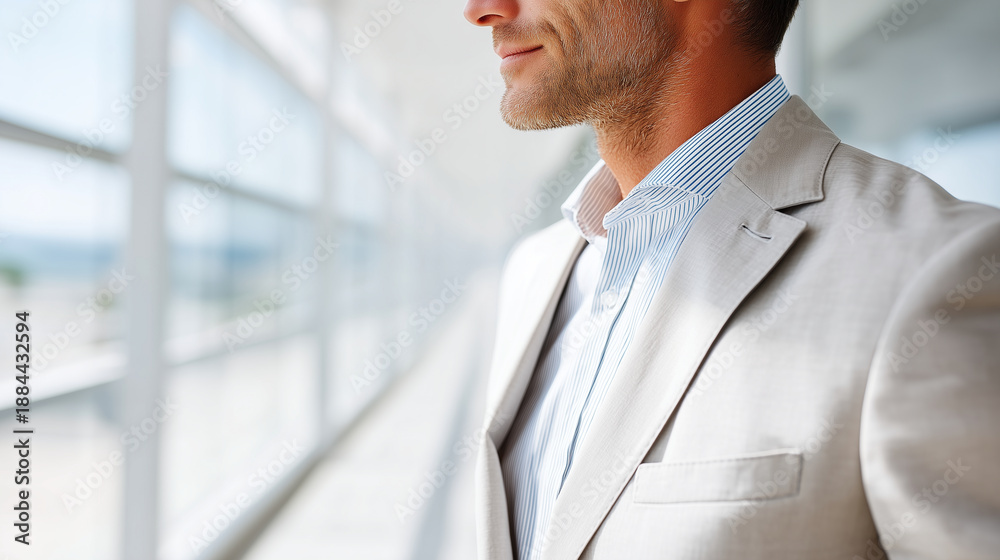 Fototapeta premium Faceless man in a professional office setting with large windows, wearing a light-colored unlined suit, modern business spring attire, bright morning light, professional atmosphere