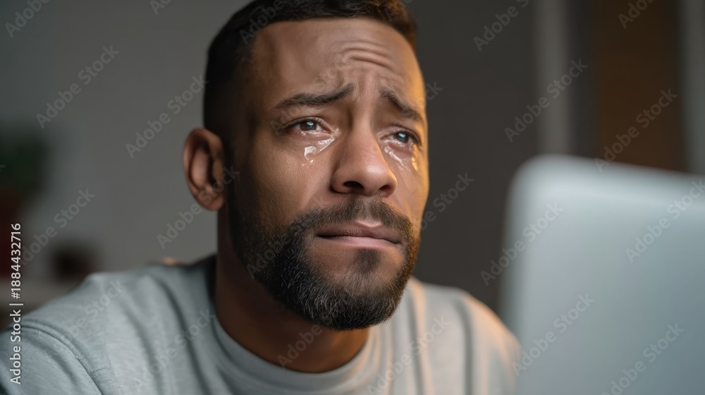 Obraz premium Emotional man with tears looking up while watching something on a laptop computer in a dimly lit room at night