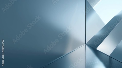 Minimal steel-blue architectural corner with reflective metal floor