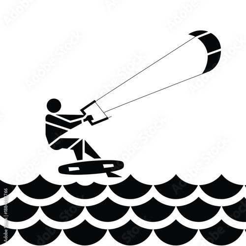 Person kitesurfing over waves isolated on white background, Vector, illustration