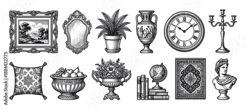 Set of twelve antique home decor objects illustrated in a classic black and white woodcut style, featuring a clock, mirror, vase, bust, candelabra, and globe