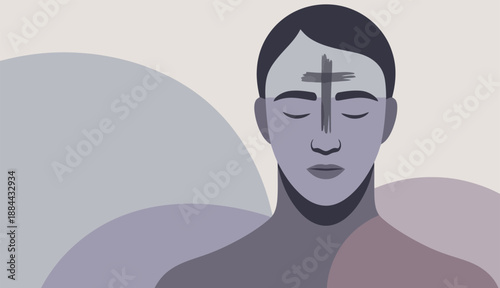Religious person with ash cross on forehead for ash wednesday christian holiday 