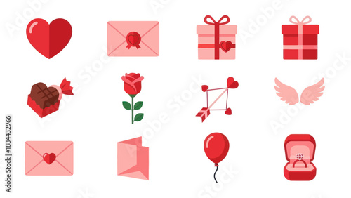 Valentine's Day Icons: Hearts, Gifts, Rose, Envelope, Ring, Balloon, Wings, Candy