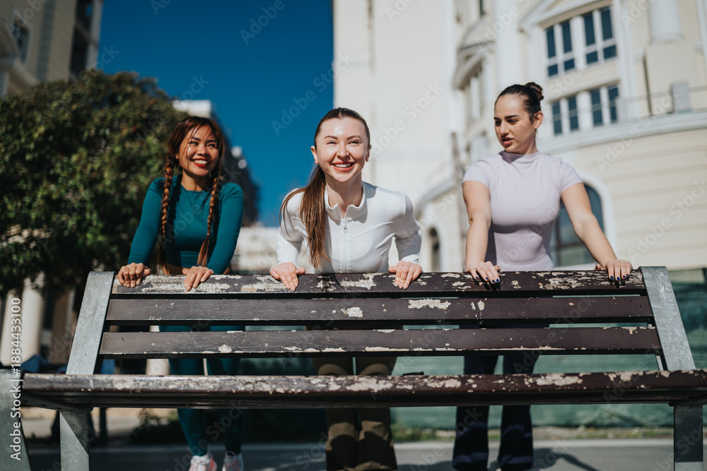 Fototapeta premium Three friends lean on a weathered bench outdoors, smiling at the camera. They stand in front of an urban building on a bright sunny day.