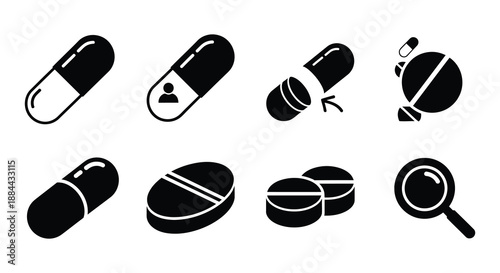 Black and white icons depicting pills capsules and pharmaceutical investigation