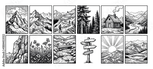 Collection of twelve hand-drawn nature illustrations featuring mountains, hikers, a forest cabin, river, and wildflowers in a detailed black and white vintage woodcut art style