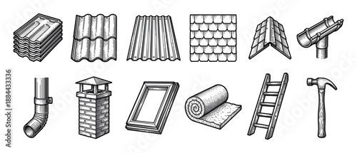 Set of roofing materials and tools including tiles, shingles, gutter, chimney, window, insulation, ladder, and hammer in a black and white vintage engraving style illustration