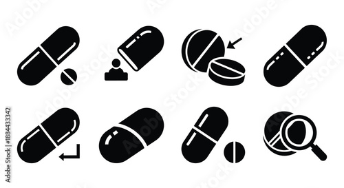 Black and white icons depicting pills capsules and pharmaceutical investigation