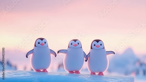 Three adorable infant penguins standing together on arctic ice cap under soft pastel twilight sky, conveying warmth and innocence